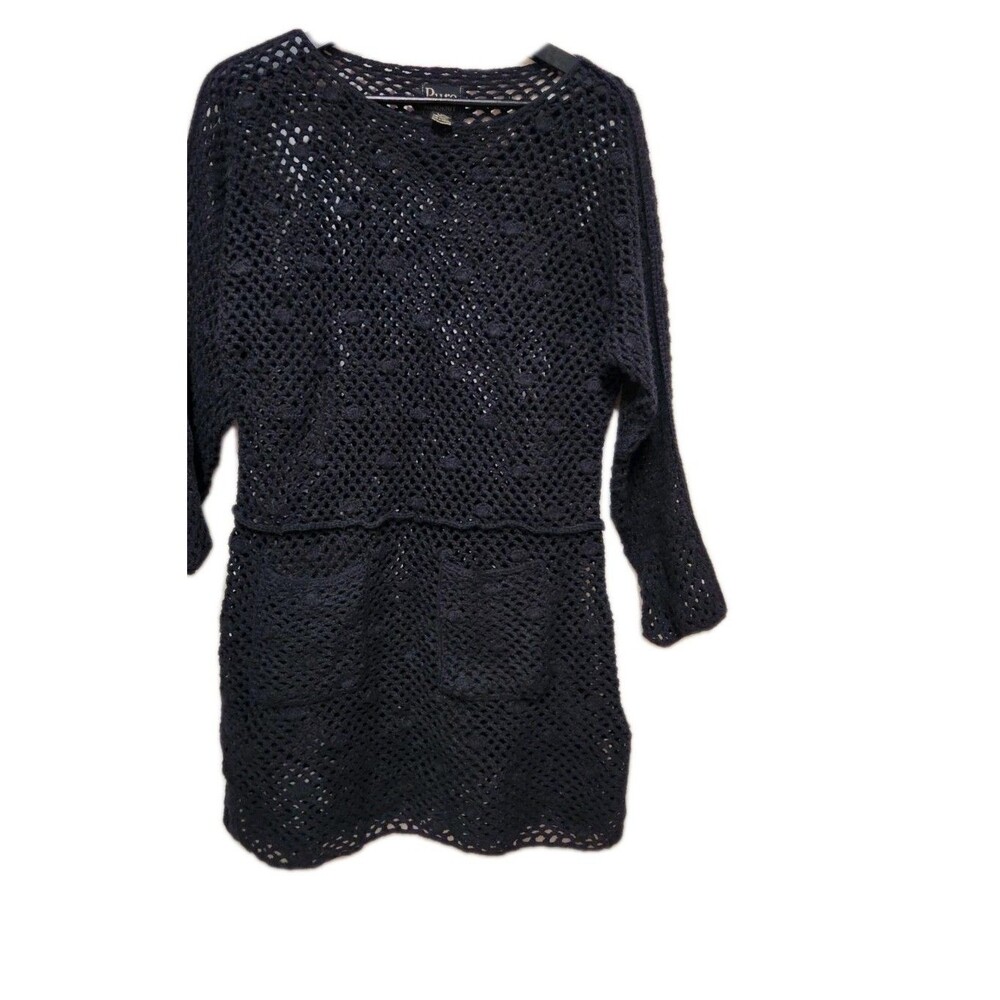 Pure Handknit Black Crochet Cardigan Pockets Beach cover-up 100% Cotton M/L